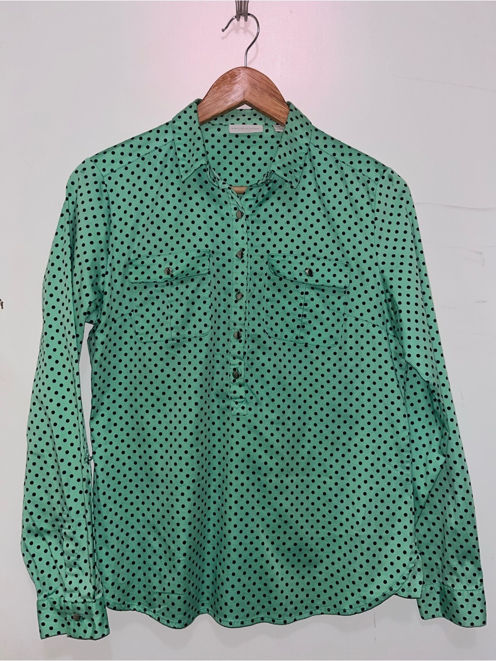 Stretch Polka Dot Button-Down Shirt - Mint Green & Navy